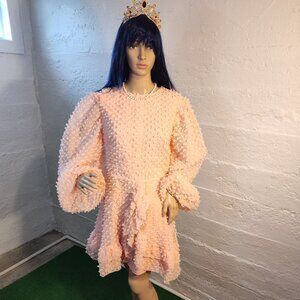 NWT Miss Ord Peach with Dots Long Puff Sleeve A-line Ruffle Mini Dress Size XL